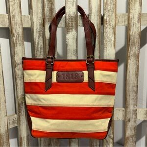 Brooks Brothers canvas striped tote bag with leather trim